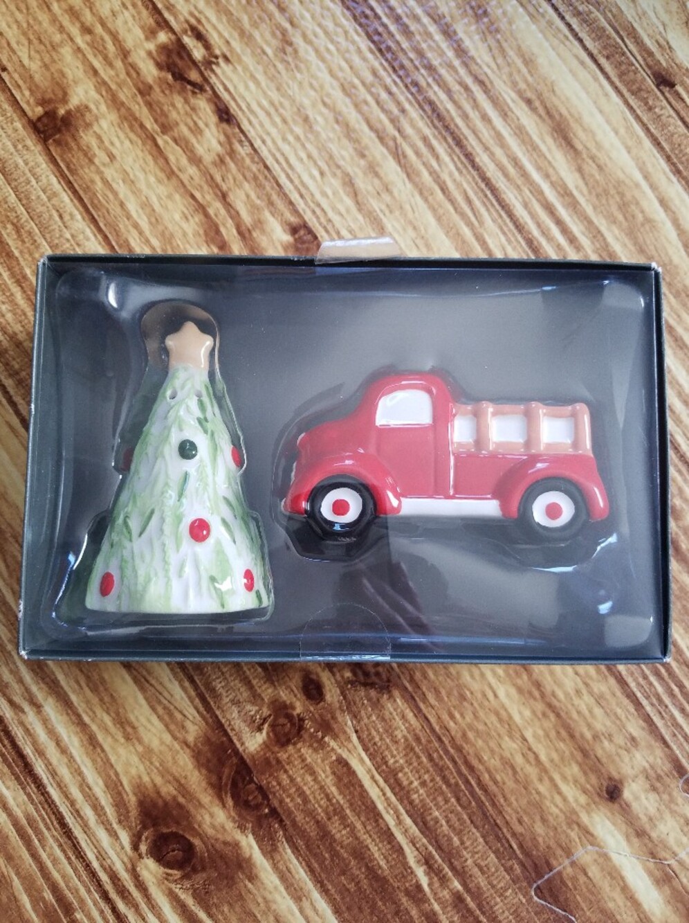NIB Threshold Ceramic Christmas Tree and Red Truck Salt and Pepper Set Holiday